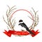 Vector illustration of swallow on willow tree and red ribbon.