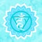Vector illustration with the symbol of Vishuddha - throat chakra on a blue background. Circle pattern of mandalas and hand drawn