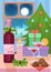 Vector illustration of table served for Christmas and fir tree at home. Christmas couple dinner.