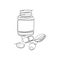 Vector illustration of tablets, vitamins and pills in a plastic jar drawn by one endless line.