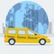 Vector illustration taxi car on town background