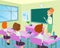 Vector illustration of teacher in classroom with kids. Female teacher standing near board in class, little children
