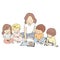 Vector illustration of teacher & little students reading books together. Early childhood development, learning & education