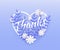 Vector illustration of Thanks text winter natural design with blue leaves and falling snowflakes.