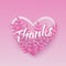 Vector illustration of Thanks word pink natural design with heart shape and plant leaves.