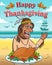 Vector illustration for thanksgiving day. Happy native american with baked turkey against the ocean.