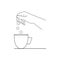 Vector illustration on the theme of the cafe in the outline style. Hand throws sugar cubes into a cup of tea or coffee