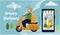 Vector illustration on the theme of delivery of grocery, banner for the site. a courier on a scooter carries a box of food.