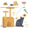 Vector illustration on the theme of domestic cats. British grey cat along with a cat house, food and toys for the cats