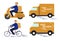 Vector illustration on the theme of fast delivery, express delivery. scooter courier, bike courier, truck and van.