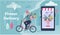 Vector illustration on the theme of online flower shop, delivery of bouquets. banner for site. the courier rides a bicycle