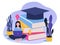 Vector illustration on the theme of online learning. girl with laptop, books, graduate cap.