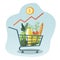 Vector illustration on the theme of rising food prices. The rise in prices for products. grocery set, food basket, stack of coins