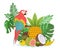 Vector illustration on the theme of tropical fruits and birds. A group of exotic fruits on a background of leaves
