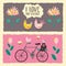 Vector illustration on the theme of the village with animals, cat, chicken, bees on a bicycle, flowers, chickens with the text I