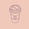 Vector illustration thin line sketch with 3D coffee take away cup in isometric flat style