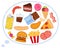 Vector illustration of thought balloon filled with unhealthy food, craving junk food, pizza, comfort food, stress