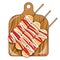vector illustration of three corn dog skewers on a wooden cutting board