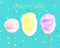 Vector illustration of three cotton candy different colors and shapes on blue background with confetti. Cotton candy of