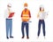 Vector illustration of three people workers, engineers, architects or builders. Full-length men and women in helmet and