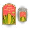 Vector illustration of tin can with a label for canned sweet corn with the image of three realistic corn cobs and calligraphic ins