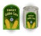 Vector illustration of tin can with a label for canned sweet corn with the image of three realistic corn cobs and calligraphic ins
