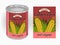 Vector illustration of tin can with a label for canned sweet corn with the image of three realistic corn cobs and calligraphic ins