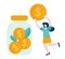 vector illustration of Tiny woman wanting to put coin into jar filled with pile of finance coins. Deposit concept of