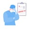Vector illustration of tired doctor or nurse in mask and medical form or document with diagnonis covid-19. Medical warning concept