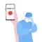 Vector illustration of tired doctor or nurse in mask in stress and hand with smartphone with virus behind him. Medical warning