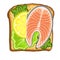 Vector illustration of toast with a piece of salmon and lettuce. Healthy food for breakfast