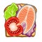 Vector illustration of toast with a piece of salmon and lettuce and tomato. Healthy food for breakfast