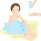 Vector illustration of a toddler sitting in a towel after bathing. Mother smears the child with cream, emollient. Humidification.