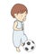 Vector illustration of toddler trying to kick football soft toy. Little kid playing ball. Early childhood development activity