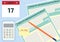 Vector illustration, top view of 2019, 2018 Tax Form 1040 and the envelope, a calendar and calculator. Tax Day on April 17. The ca