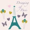 Vector illustration with tour eiffel, butterflies and balloons