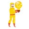 Vector illustration of toxic waste. Doctor in protective suit with broken bulb. Garbage sorting. Man throws a lamp in