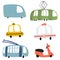 Vector illustration of tram, minibus, taxi, ambulance, trolley, scooter isolated on white background in cartoon hand