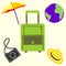 Vector illustration, travel set of bag, umbrella, camera, globe and cap