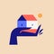 Vector illustration in trendy minimal style of elegant hand holding cute small house at afternoon sun