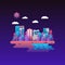 Vector illustration in trendy and modern flat style and bright vibrant gradient colors. Cityscape with a lot of sky scrapers in
