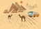 Vector illustration of a trip to Egypt. To advertise the tour in a travel Agency. Cairo, pyramids, camels in the desert.