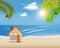 Vector illustration of tropical island with cute house with palm trees and hammock