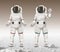 Vector illustration of two astronauts wearing space suits and walk exploring mars on moon
