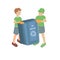 Vector illustration with two boys with empty recycling bin on a white background