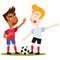 Vector illustration of two cartoon football players disagreeing and gesturing whilst standing on field