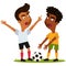 Vector illustration of two cartoon soccer players disagreeing and gesturing whilst standing on football field