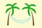 Vector illustration of two colored palm trees and a hammock. Concept summer vacation.