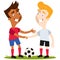 Vector illustration of two friendly cartoon soccer players standing on football field with ball shaking hands with respect