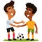 Vector illustration of two friendly cartoon soccer players standing on football field with the ball shaking hands with respect